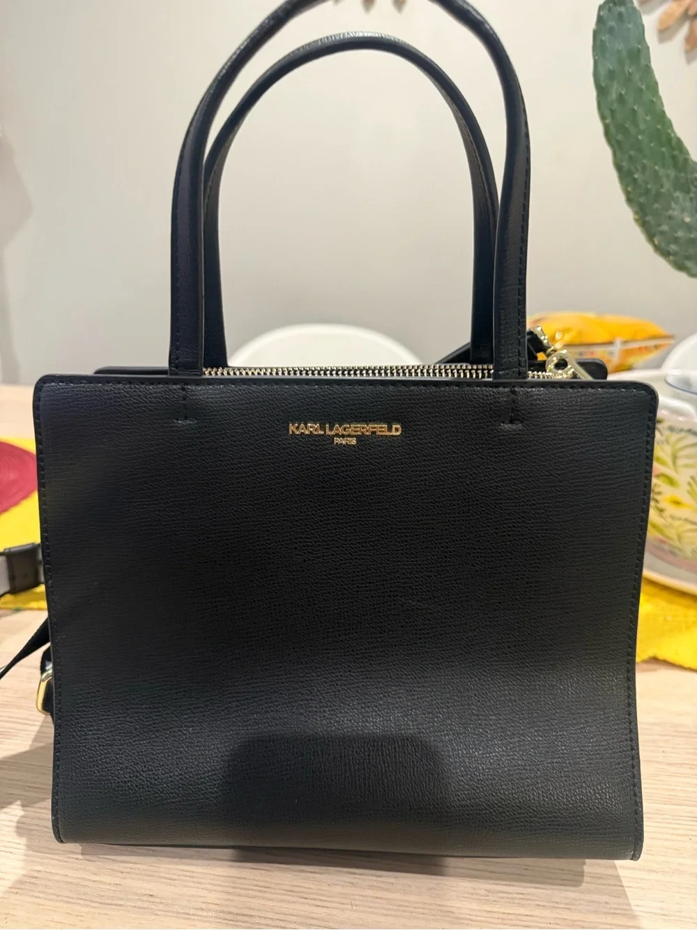 Karl Lagerfeld Black Textured Leather Satchel with Gold Logo - Picture 9 of 11
